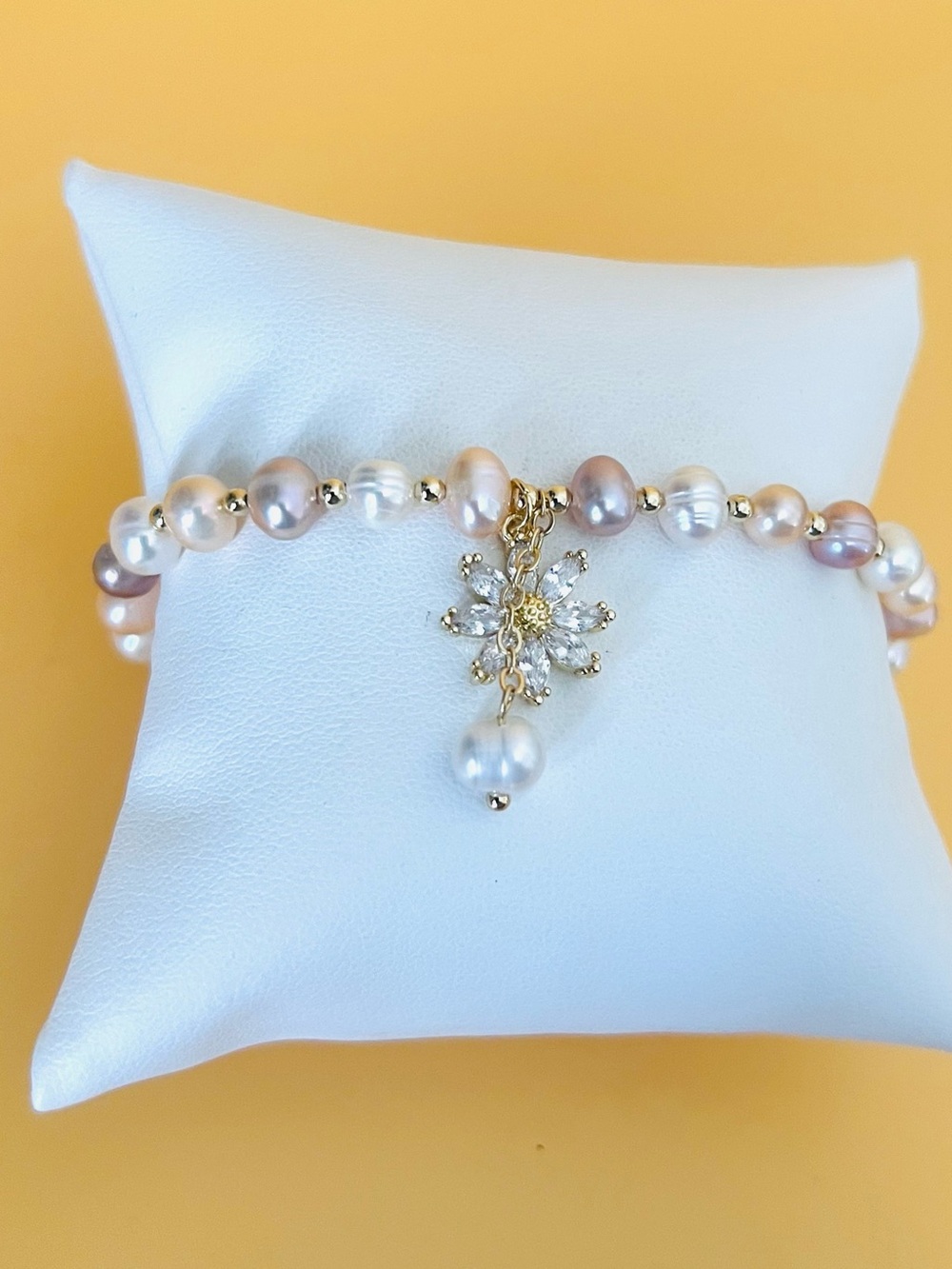 14K GP Fresh water pearls Bracelet clear CZ flower charm adjustable